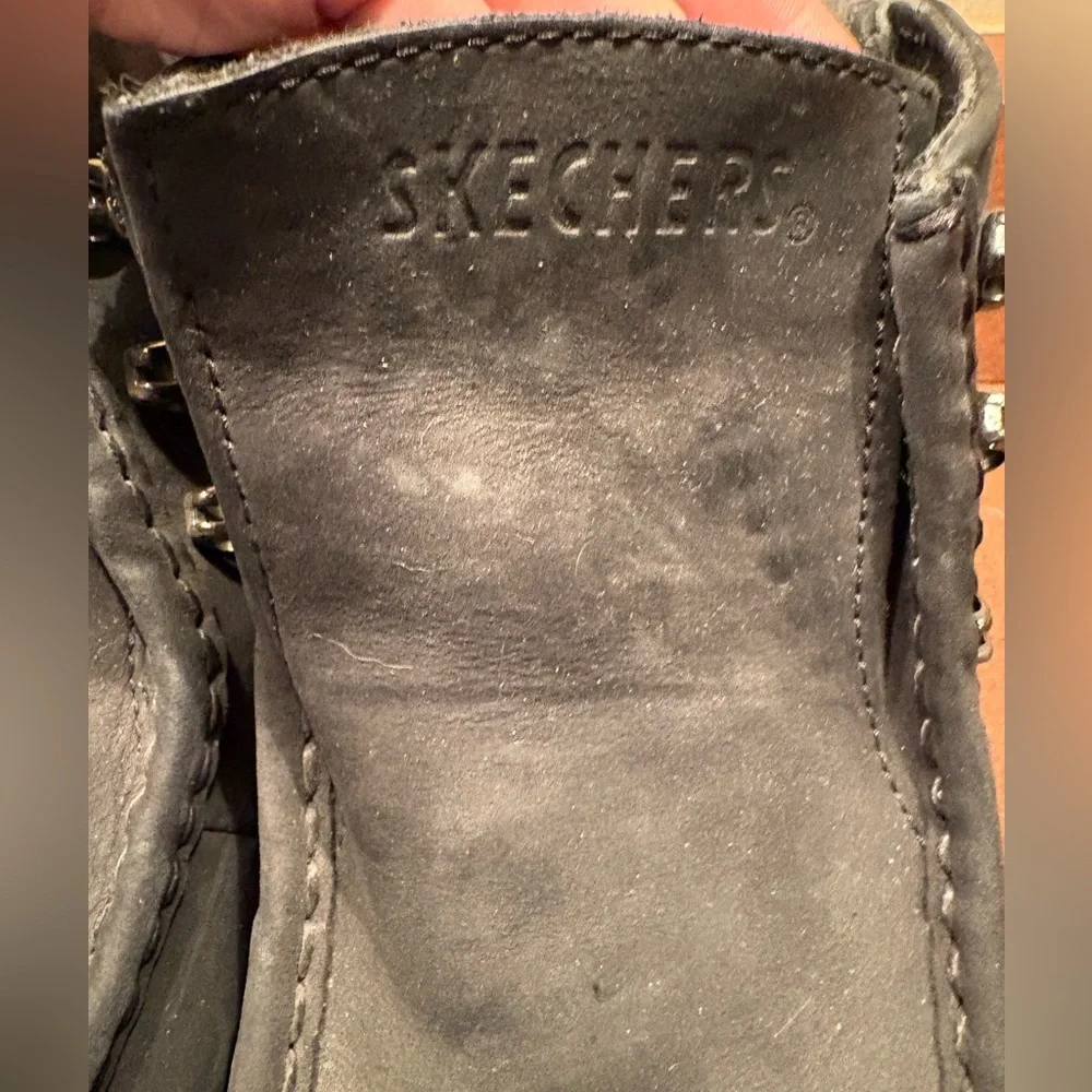 Skechers Mens Black‎ Leather Ankle Boots Moc Toe Lace Up Casual Work